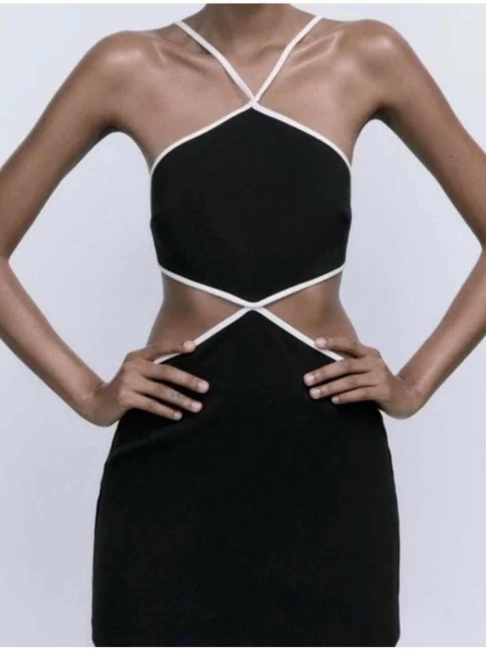 Zara Black Mini Dress with White Trim and Crisscross Straps
